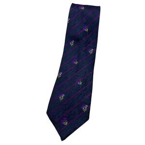 KENZO Men's 100% Silk Necktie LUXURY Tie Navy Purple Striped Floral W:3.6" EUC